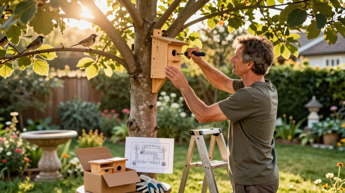 Homem instalando uma casa de passarinho em árvore no jardim durante o pôr do sol.