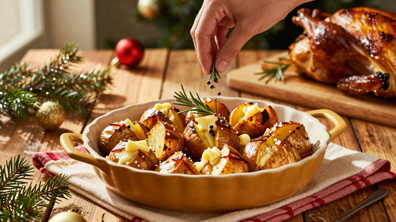 Prato com batatas assadas temperadas e manteiga, mãos adicionando pimenta, peru assado e decoração natalina.