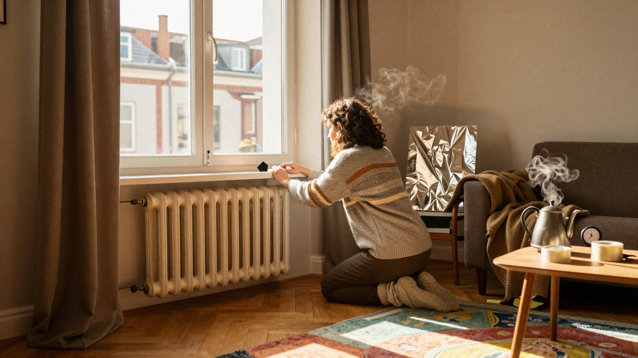 Pessoa agachada perto da janela protegendo o radiador enquanto um bule emite vapor na mesa.