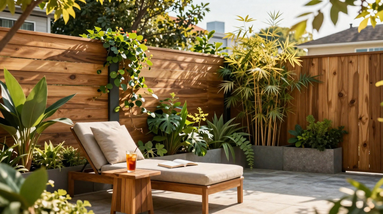Varanda com espreguiçadeira, mesa com bebida, plantas variadas e cerca de madeira ao fundo.
