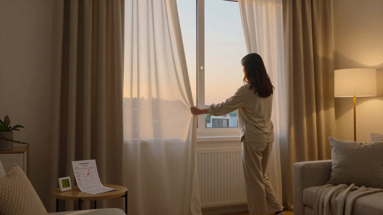 Mulher vestindo pijama abre a cortina branca em sala iluminada pela luz do amanhecer, com sofá e luminária.