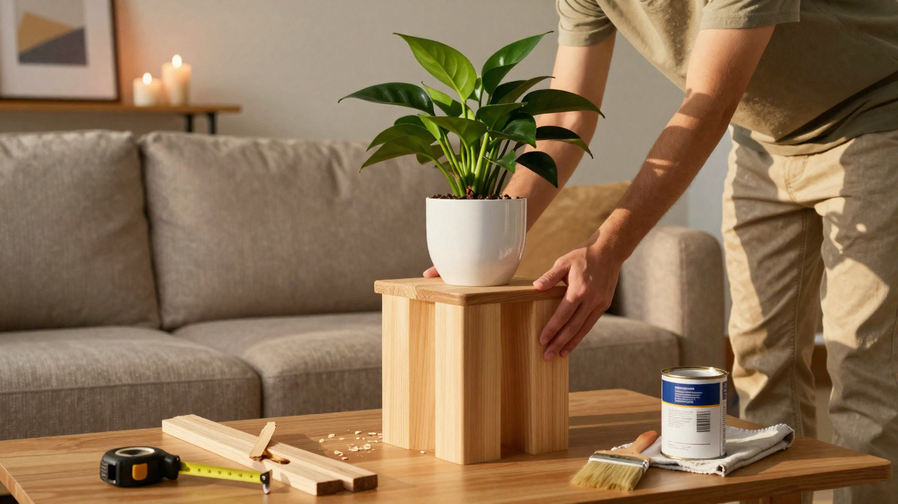 Pessoa posiciona suporte de madeira com vaso de planta em mesa próxima a sofá em sala iluminada.