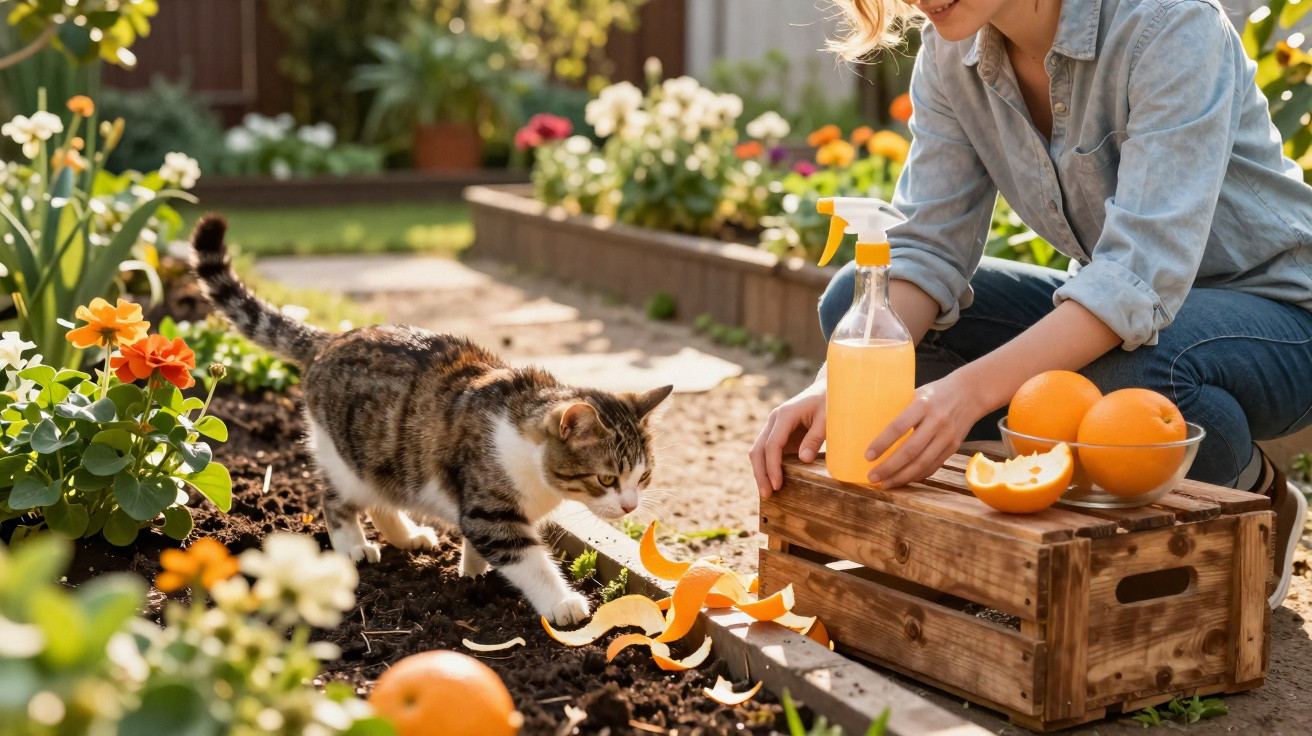 Mulher com regador laranja e gato explorando cascas de laranja em jardim florido ensolarado.