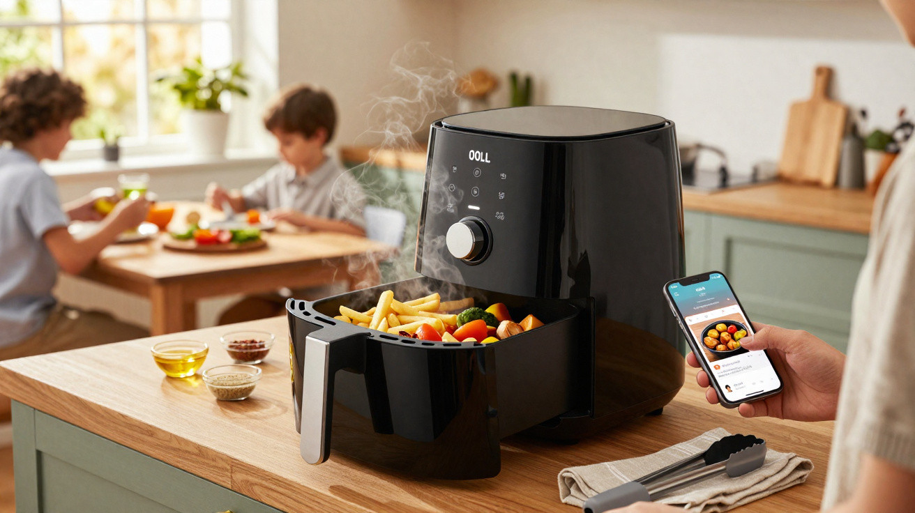 Air fryer preto com batatas e legumes na cozinha, pessoa segurando smartphone com receita.