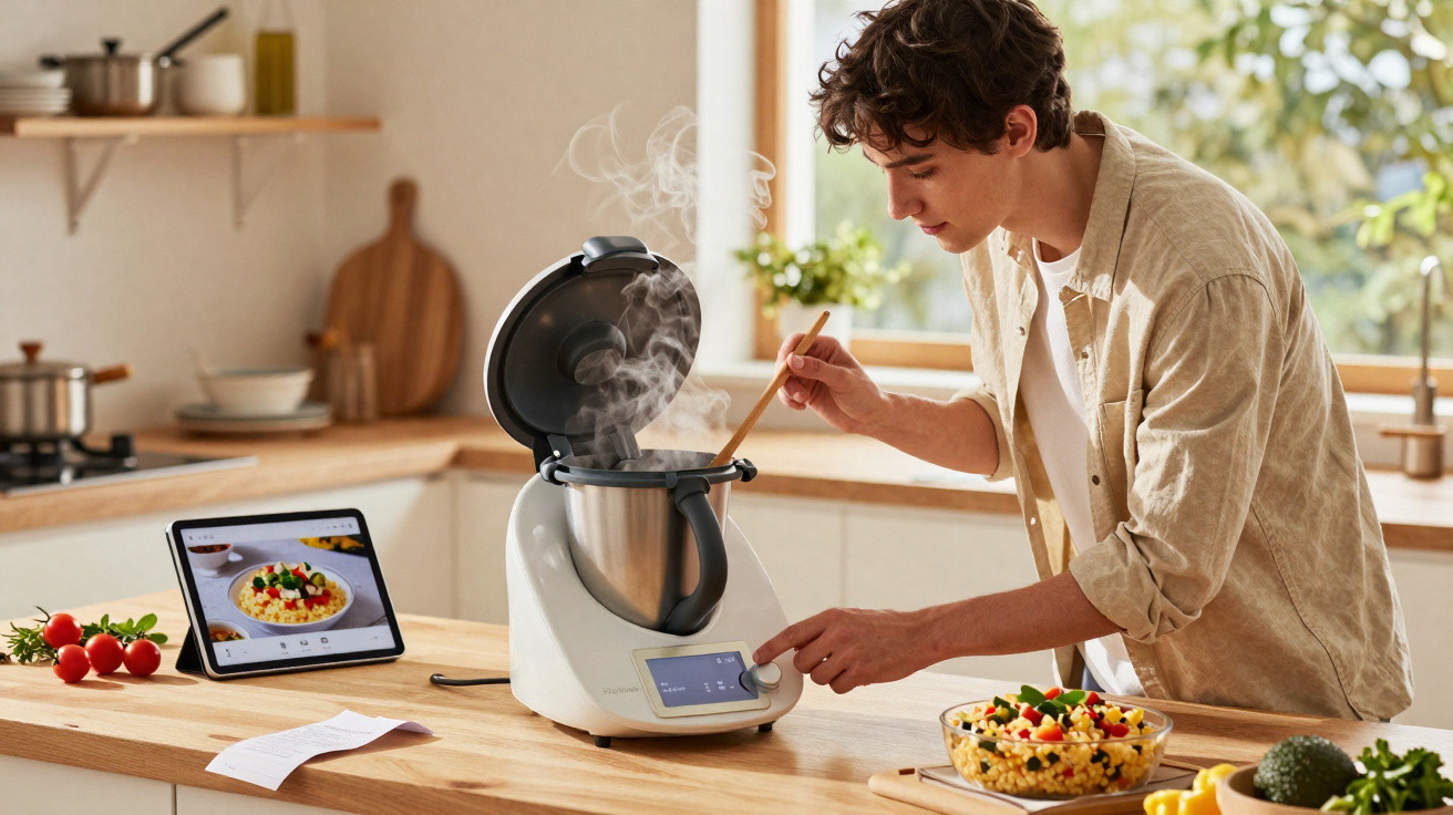 Jovem cozinhando com robô de cozinha em bancada de cozinha moderna ensolarada.