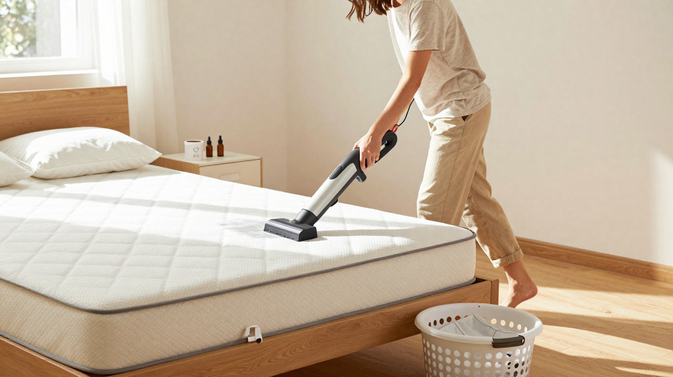 Pessoa limpando colchão de cama com aspirador de pó em quarto iluminado e organizado.