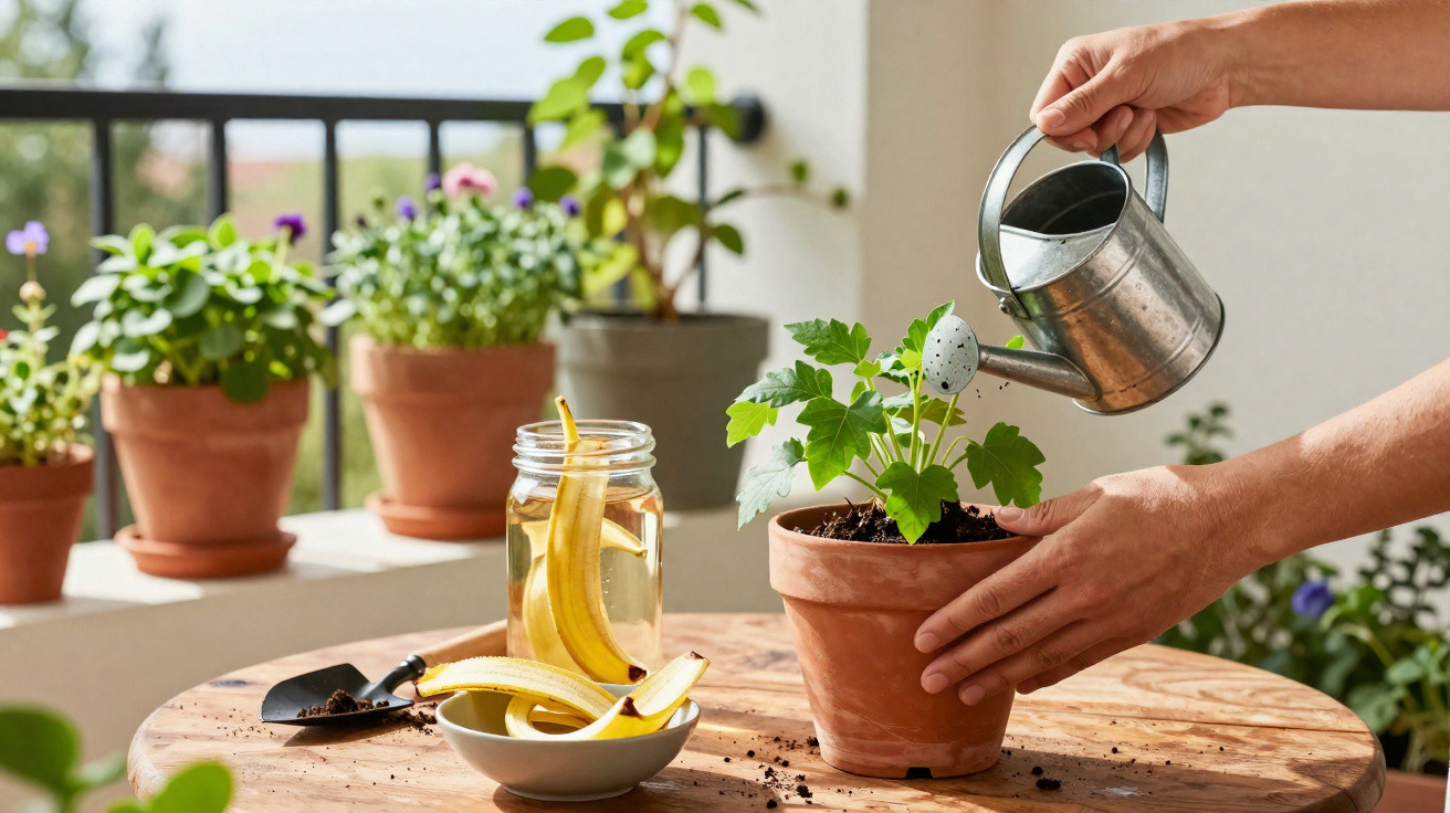 Pessoa regando planta em vaso de barro em mesa com ferramentas e regador metálico em varanda ensolarada.