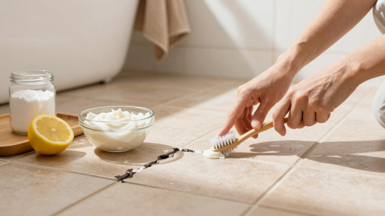 Mãos usando escova e pasta branca para limpar rejunte sujo no piso de cerâmica com limão e bicarbonato ao lado.