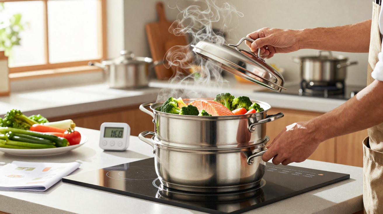Panela a vapor com legumes e peixe sendo levantada em fogão elétrico moderno.