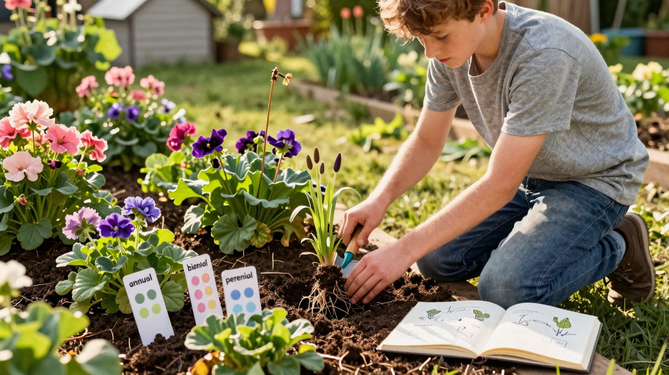 Menino plantando flores no jardim com livro de botânica aberto ao lado em dia ensolarado.