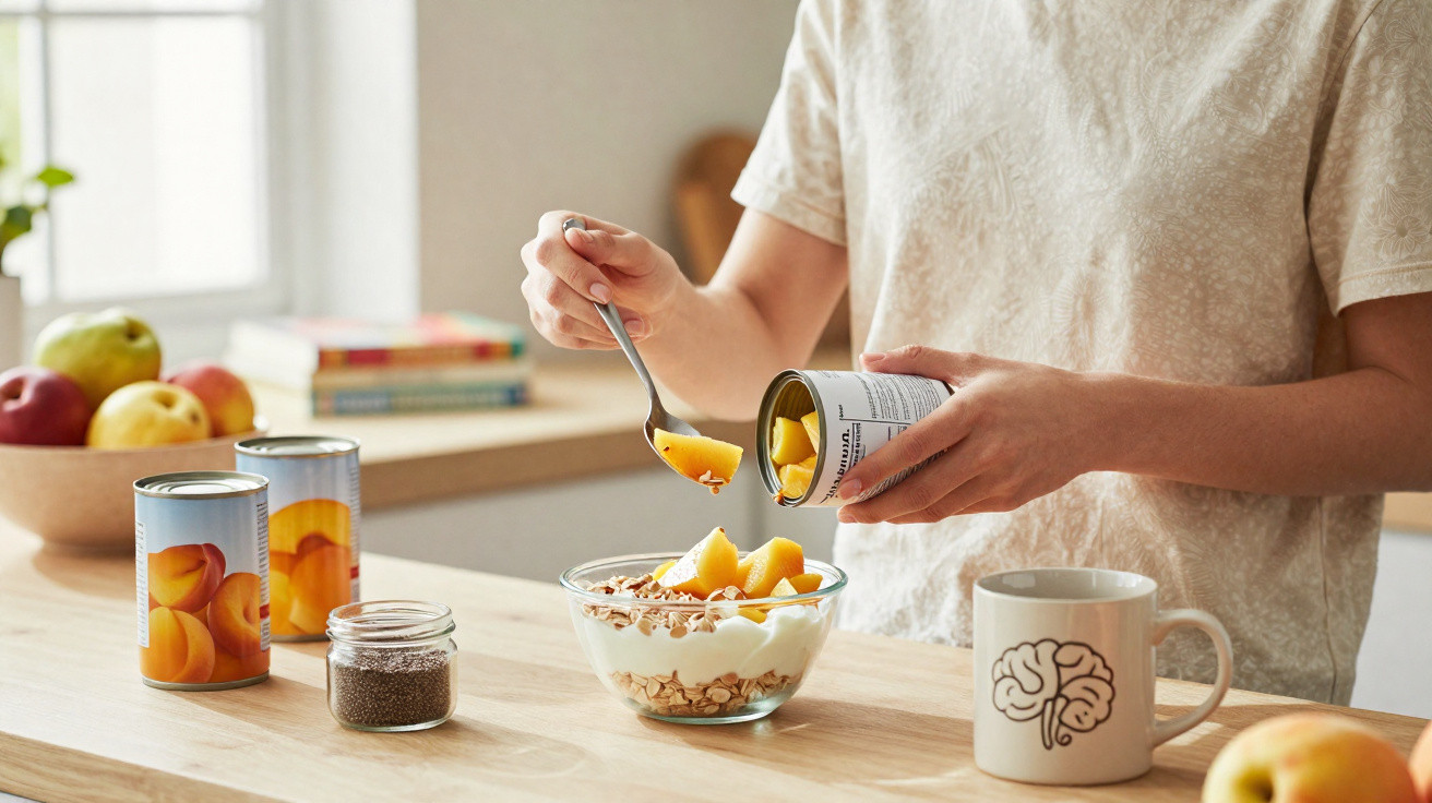 Pessoa colocando pêssegos enlatados em uma tigela com iogurte e granola na cozinha iluminada.