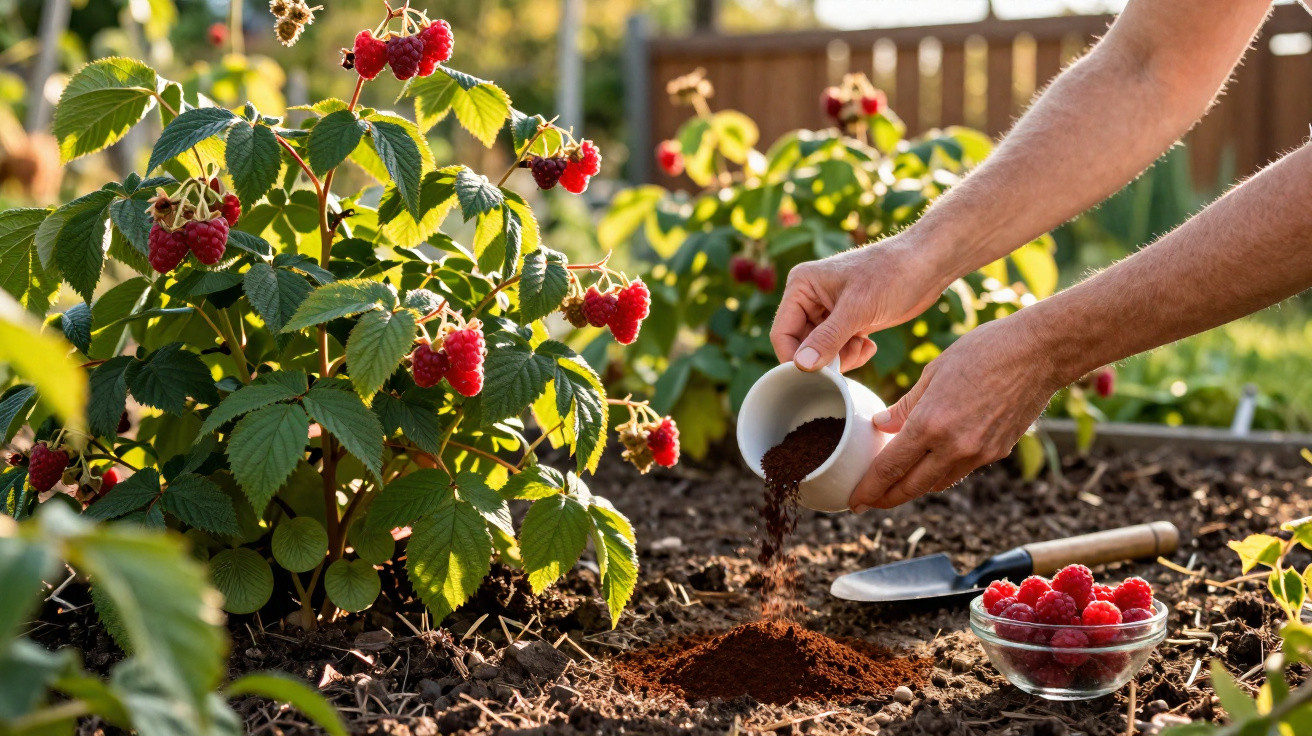Pessoa colocando café moído no solo próximo a uma planta de framboesa com frutas vermelhas maduras.