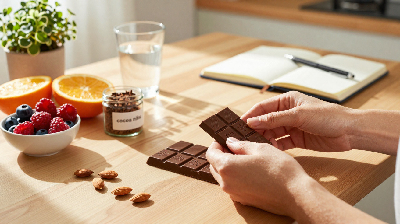 Mãos segurando pedaço de barra de chocolate em mesa com frutas, amêndoas, copo d’água e caderno aberto.