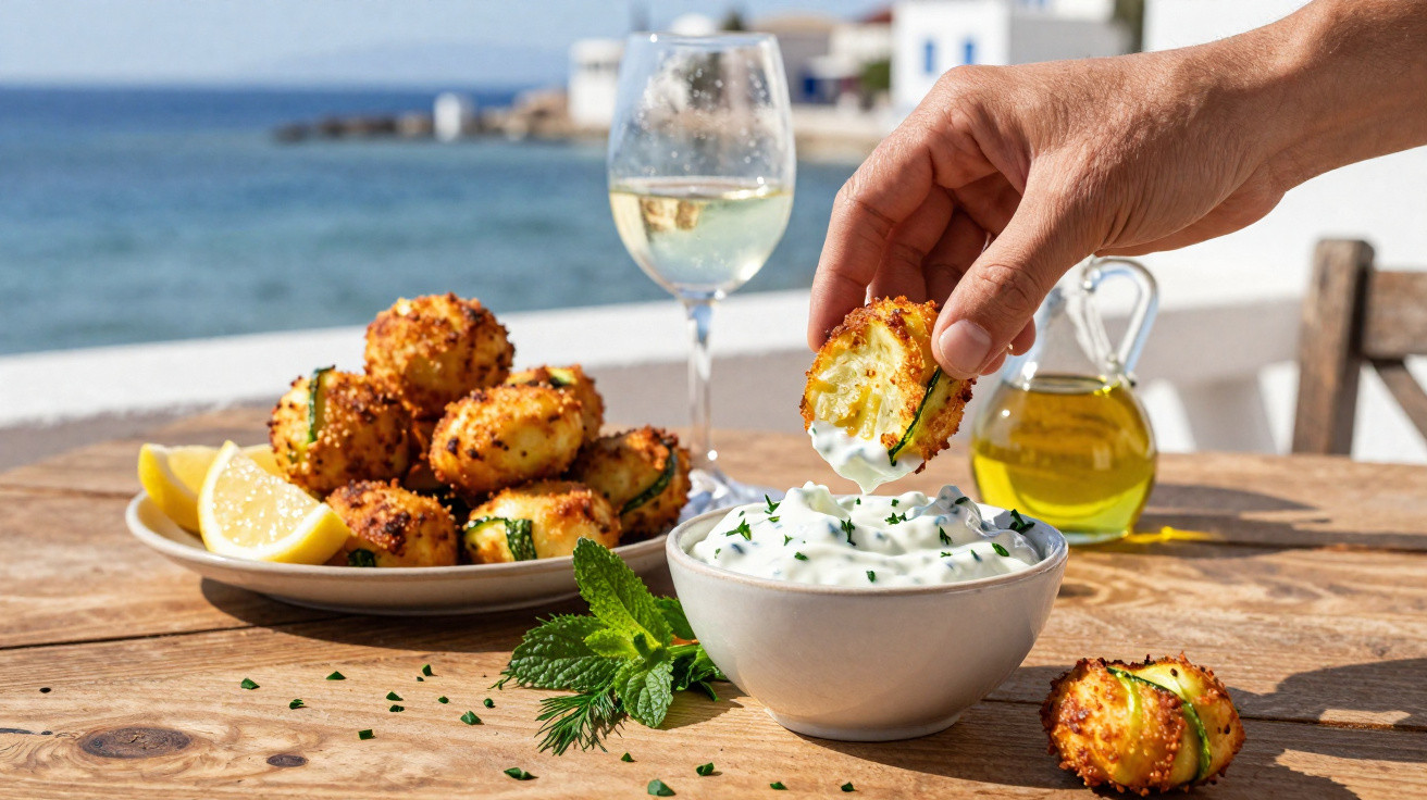 Mão mergulhando bolinho frito em molho branco, com prato de bolinhos e taça de vinho ao fundo na mesa à beira-mar.