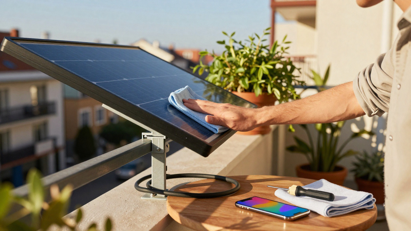 Pessoa limpando painel solar residencial em varanda com plantas ao redor e celular sobre mesa de madeira.