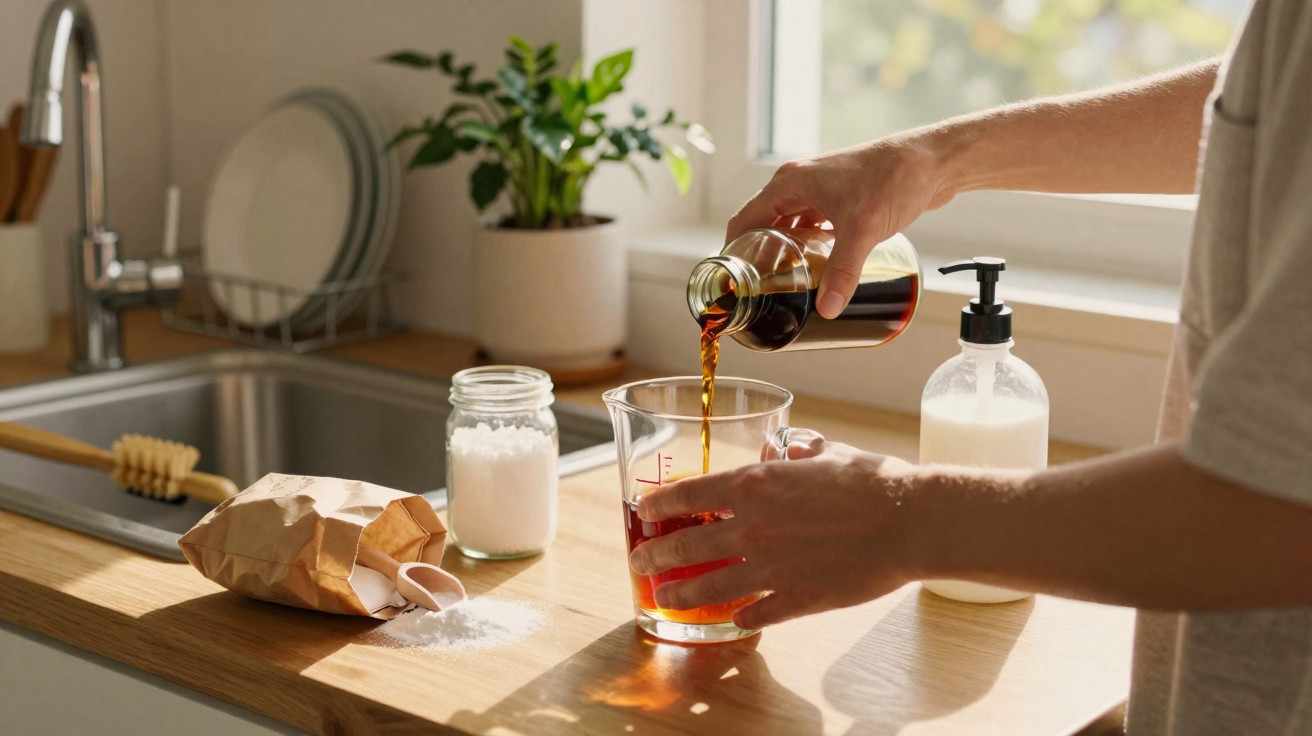 Pessoa derramando café em copo medidor na bancada da cozinha com jarra, sabão e plantinhas ao fundo.