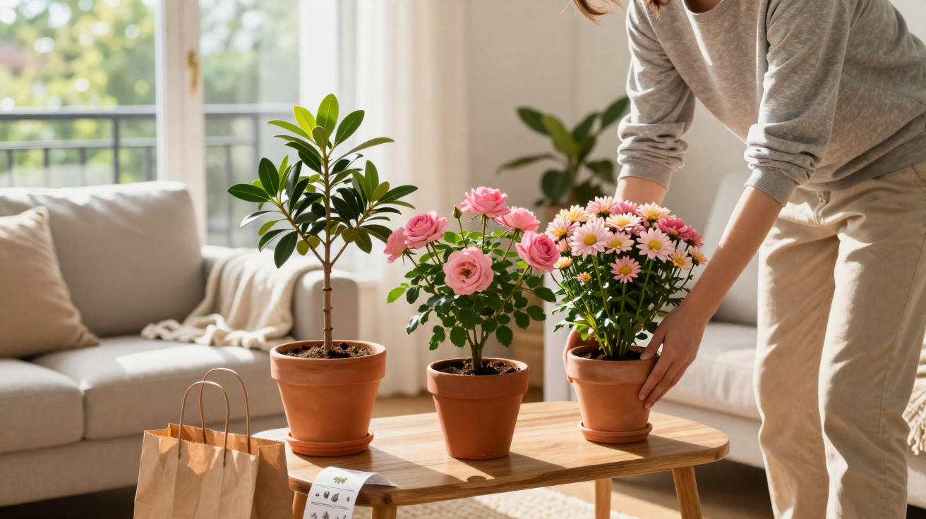 Pessoa arrumando vaso de flores em mesa de centro de sala iluminada com sofá ao fundo.