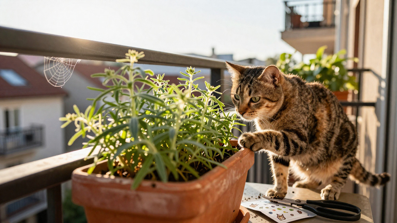 Gato listrado brincando com planta em vaso no parapeito de uma varanda ensolarada.
