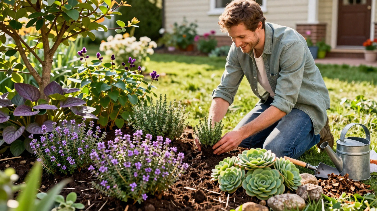 Homem sorridente plantando ervas em jardim florido em frente a casa ensolarada.