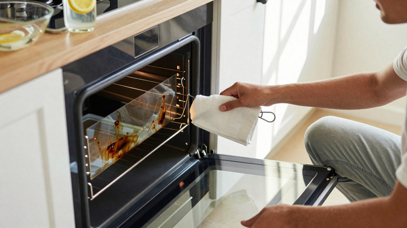 Pessoa limpando forno com pano branco e forno aberto em cozinha iluminada pela luz natural.