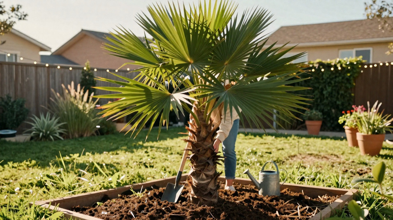Pessoa plantando palmeira em canteiro de jardim ensolarado residencial.