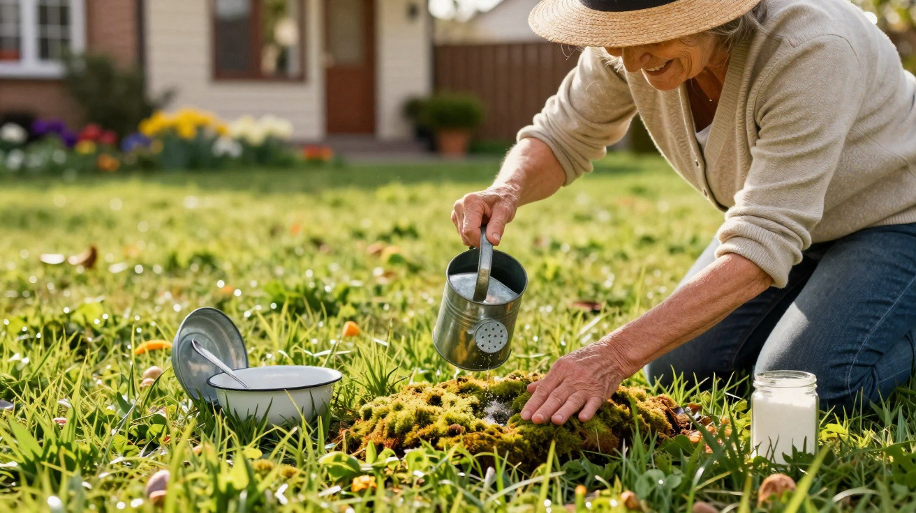 Mulher idosa regando plantas no jardim com regador em dia ensolarado.