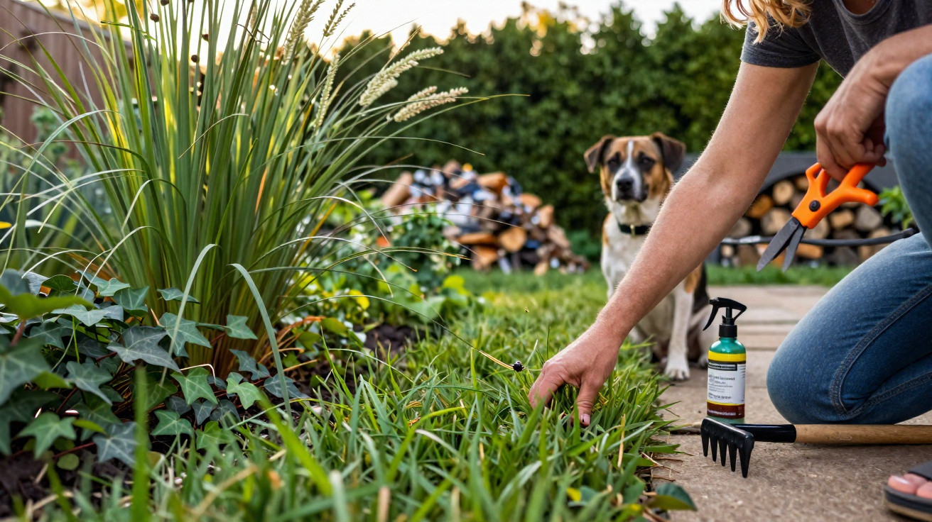 Pessoa cuidando de jardim com cão ao fundo, segurando tesoura de poda e ferramentas no chão.