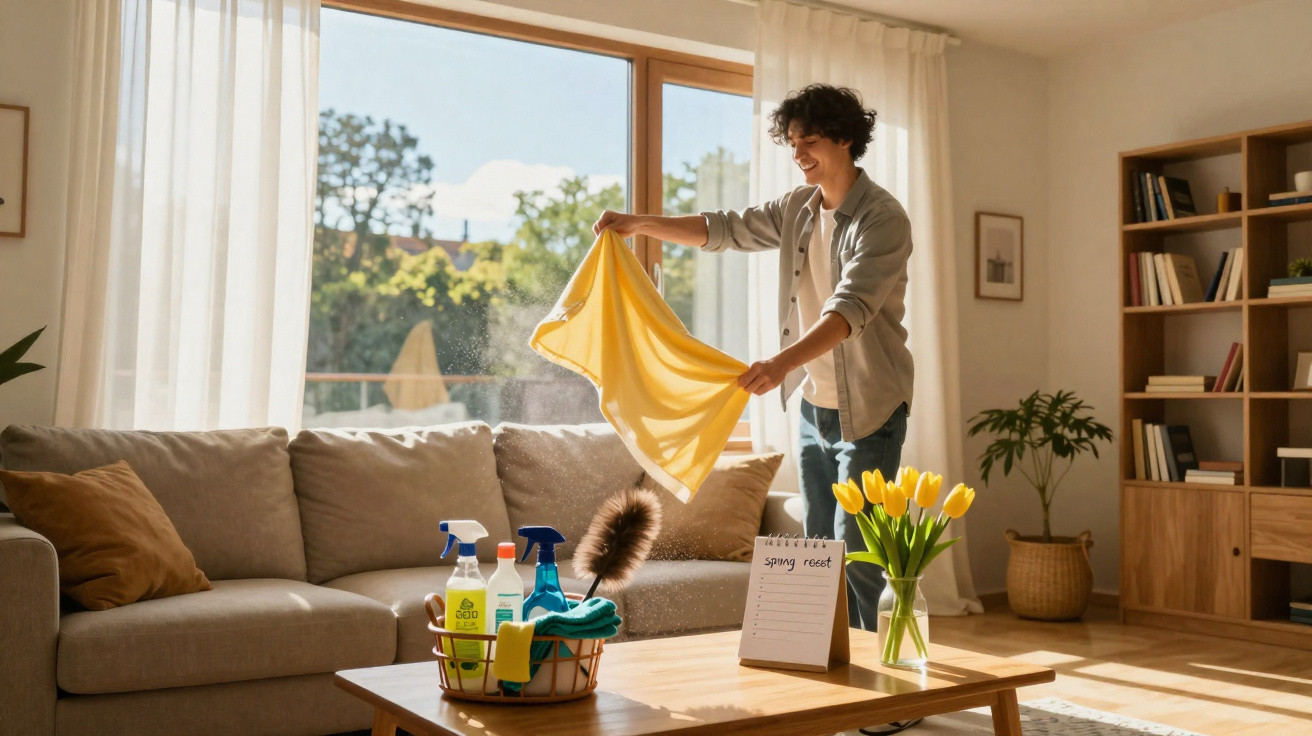 Jovem organizando uma sala iluminada, segurando um tecido amarelo perto do sofá, com produtos de limpeza na mesa.