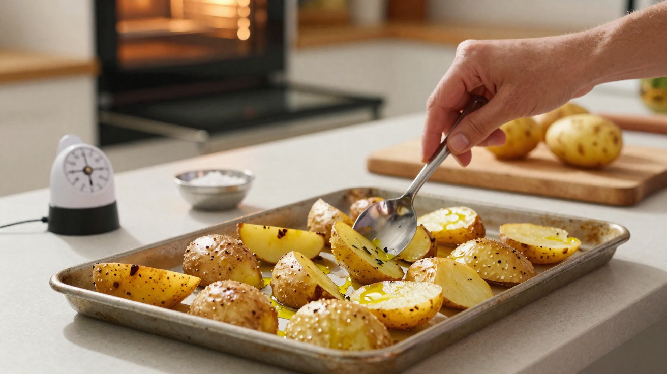 Pessoa regando batatas cortadas com azeite em uma assadeira na cozinha.