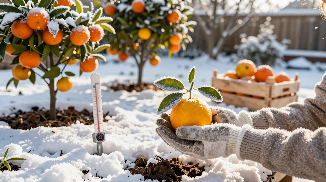 Pessoa com luvas segurando laranja com folhas, árvores frutíferas e neve ao redor, termômetro marcando frio.