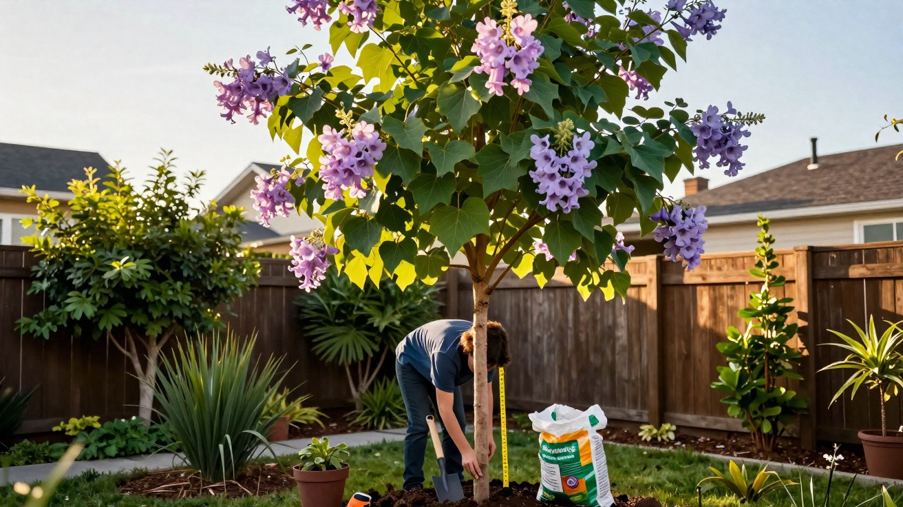 Pessoa plantando árvore com flores roxas em jardim residencial cercado por cerca de madeira.