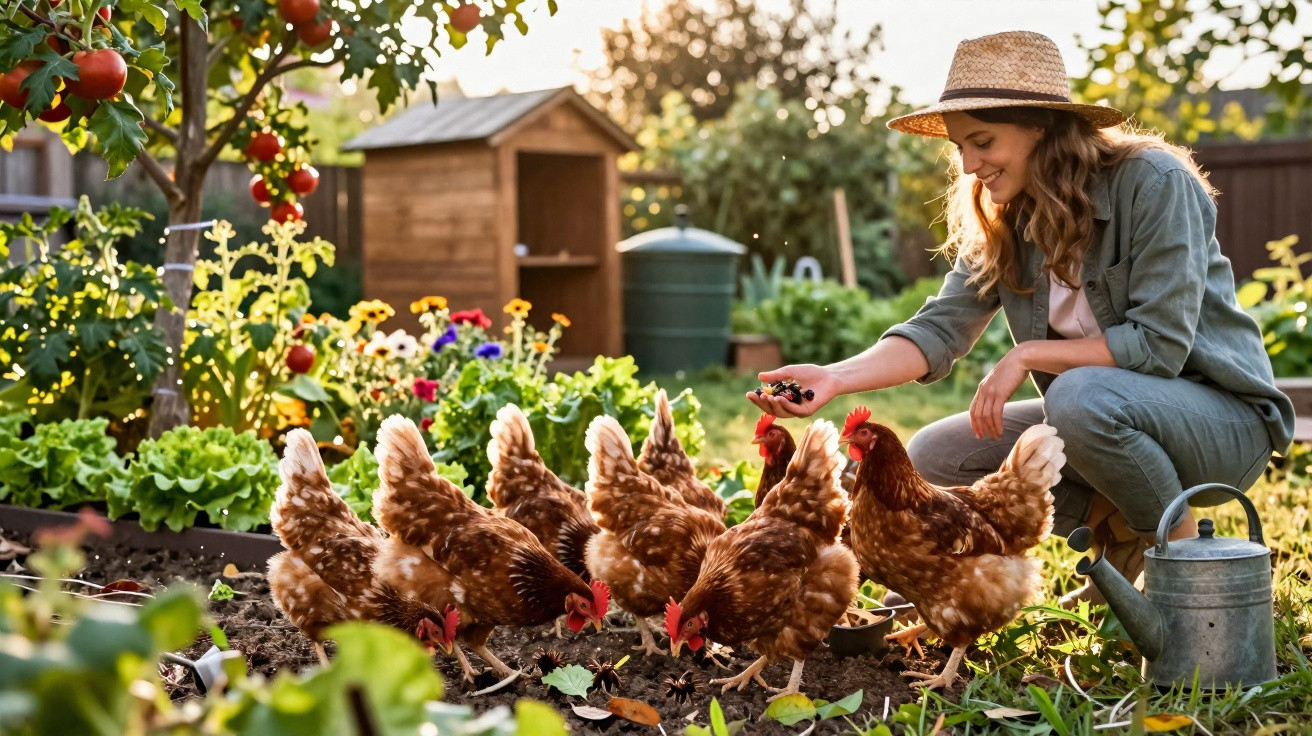 Mulher alimenta galinhas em horta cultivada, rodeada de plantas, flores e regador metálico ao lado.
