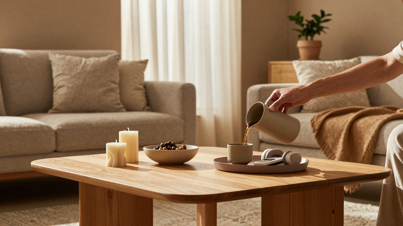 Sala de estar com sofá bege, mesa de madeira com velas, petiscos e pessoa servindo bebida em xícara.