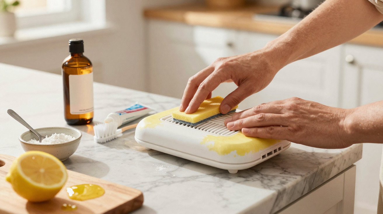 Pessoa limpando aparelho branco com esponja amarela sobre bancada de cozinha com limão e produtos de limpeza.