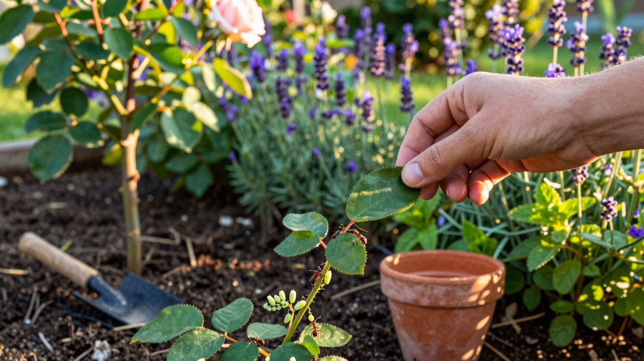 Mão removendo folhas de planta com formigas vermelhas em jardim com flores e vaso de barro ao fundo.