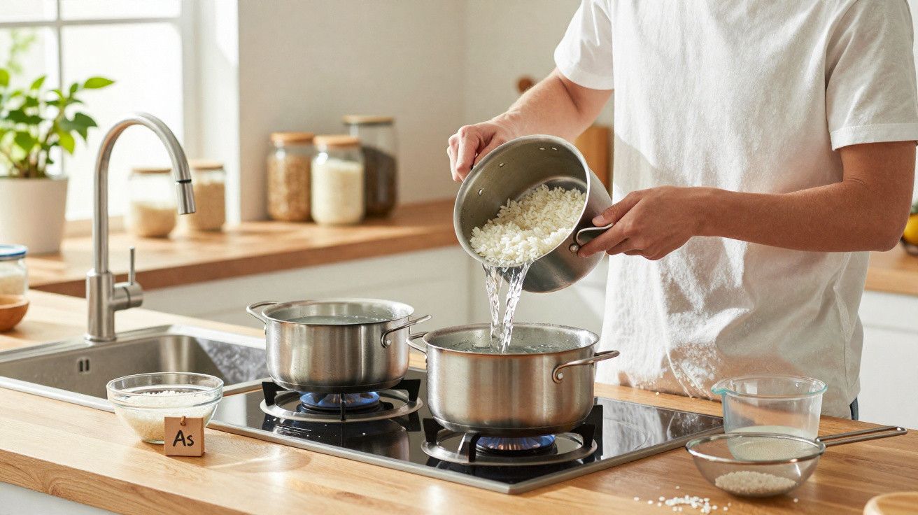 Pessoa despejando arroz e água em panela sobre fogão a gás em cozinha moderna.