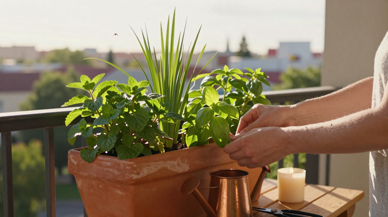 Mãos cuidando de plantas em vaso na varanda ao pôr do sol, com regador e vela sobre mesa de madeira.