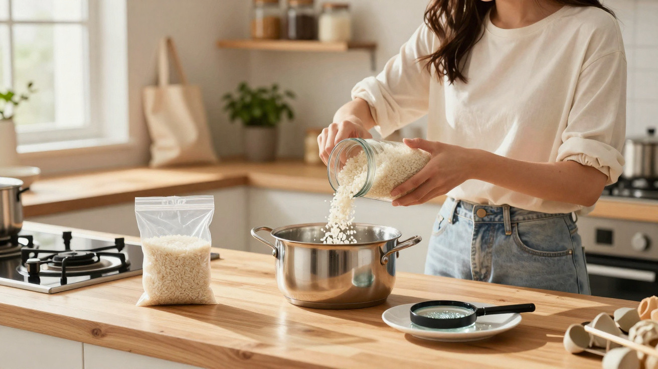 Pessoa derramando arroz de pote em panela na cozinha moderna com utensílios sobre bancada de madeira.