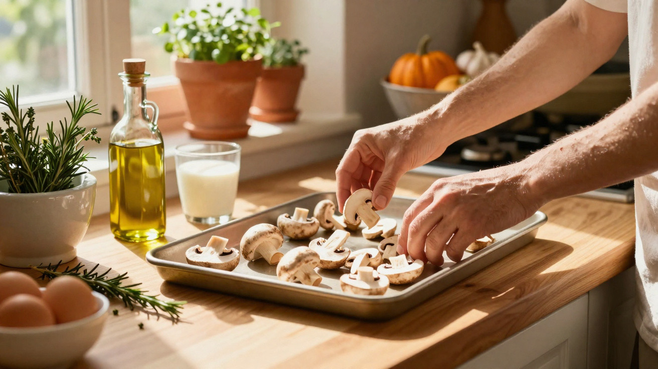 Mãos organizando cogumelos fatiados em forma de bandeja em uma cozinha iluminada por luz natural.