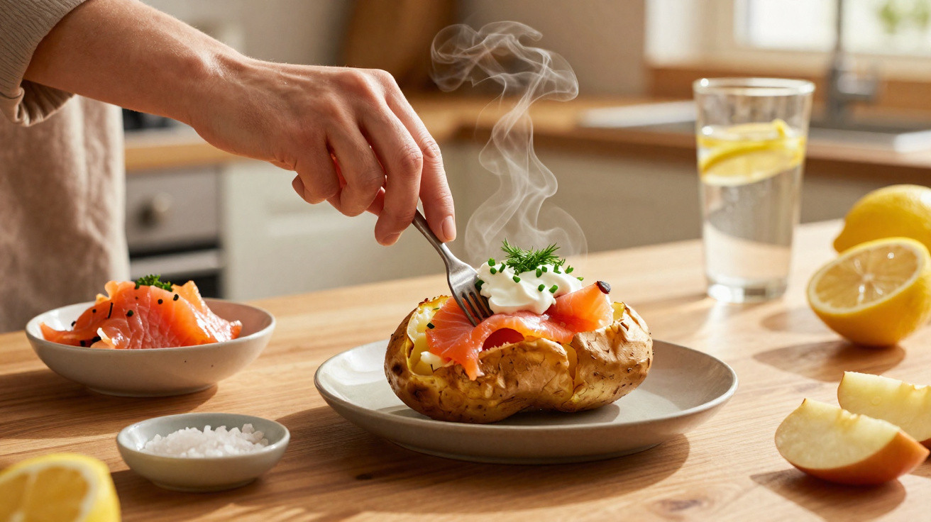 Mão segurando garfo sobre batata assada com salmão defumado, creme e ervas, sal na tigela e limão ao fundo.