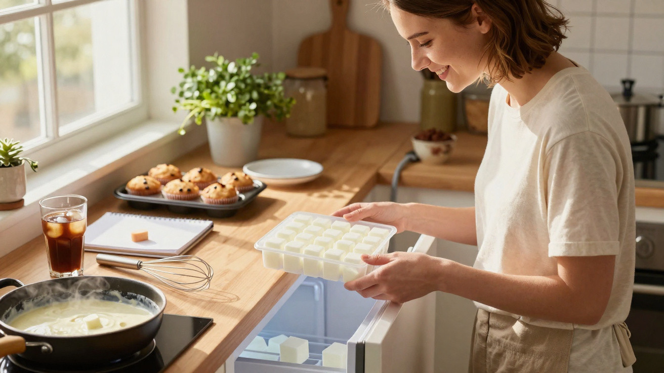 Mulher feliz retirando formas de gelo do freezer em cozinha iluminada e organizada.