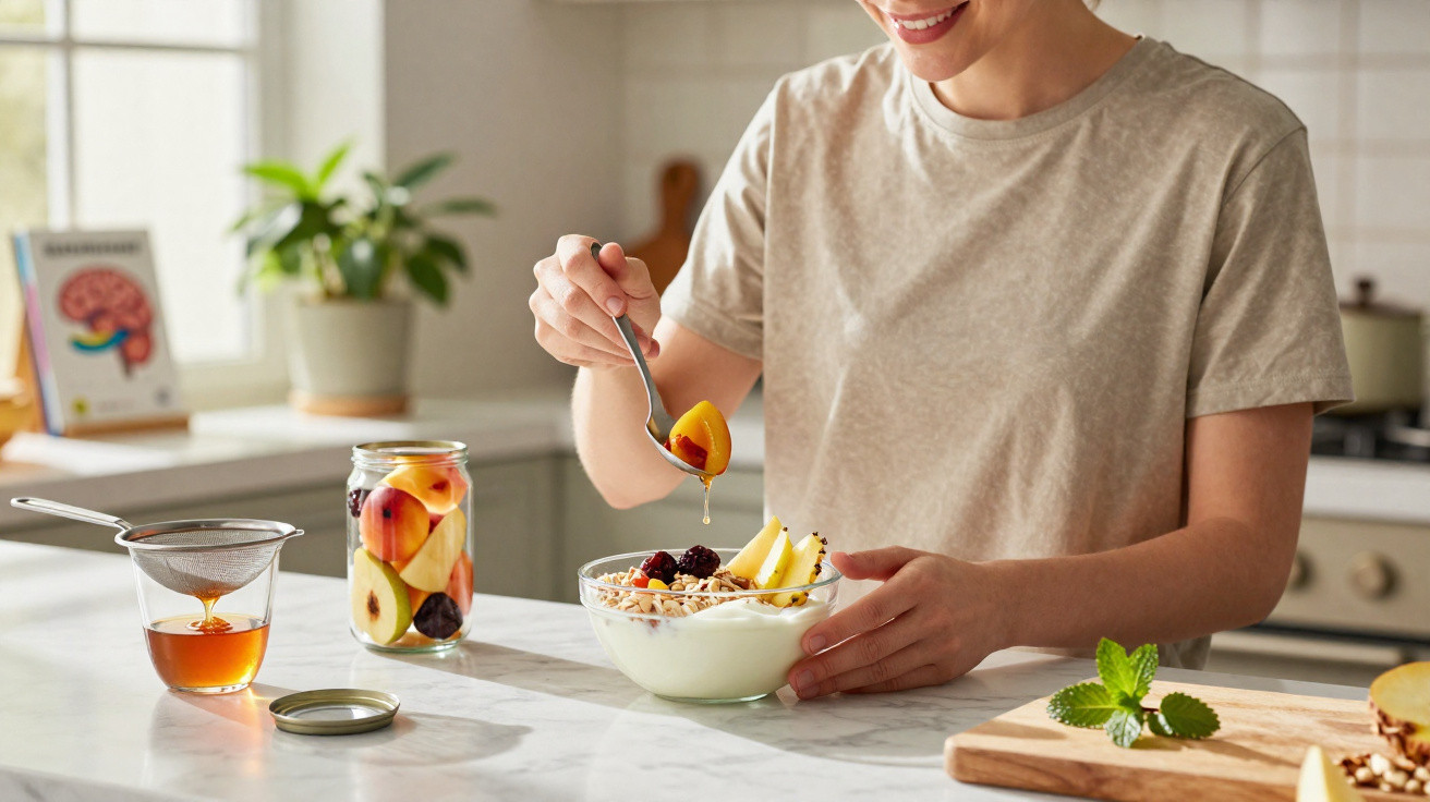 Pessoa segurando uma tigela com iogurte, granola e frutas, adicionando nectar em uma cozinha iluminada.