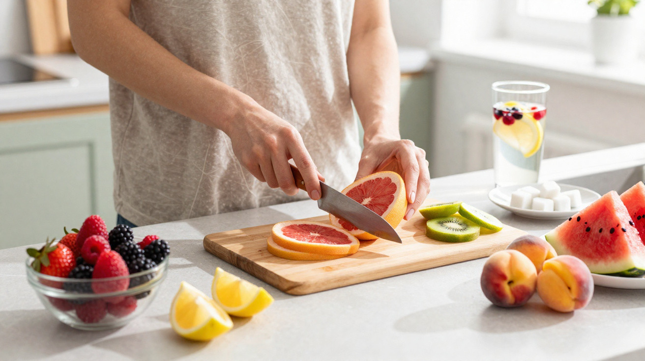 Pessoa fatiando toranja em tábua com frutas e copo de água com frutas na bancada da cozinha.
