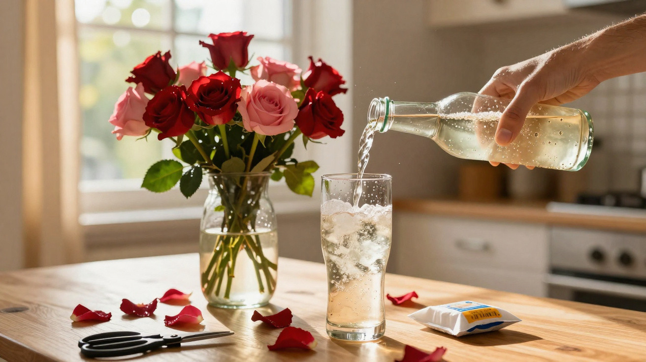 Mão servindo água com gás em copo ao lado de vaso com buquê de rosas vermelhas e rosa sobre mesa de madeira.