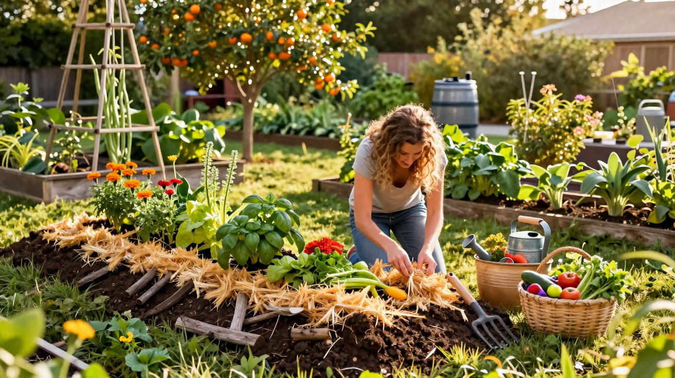 Mulher cuidando de plantações em horta com cesta de legumes frescos ao lado em dia ensolarado.