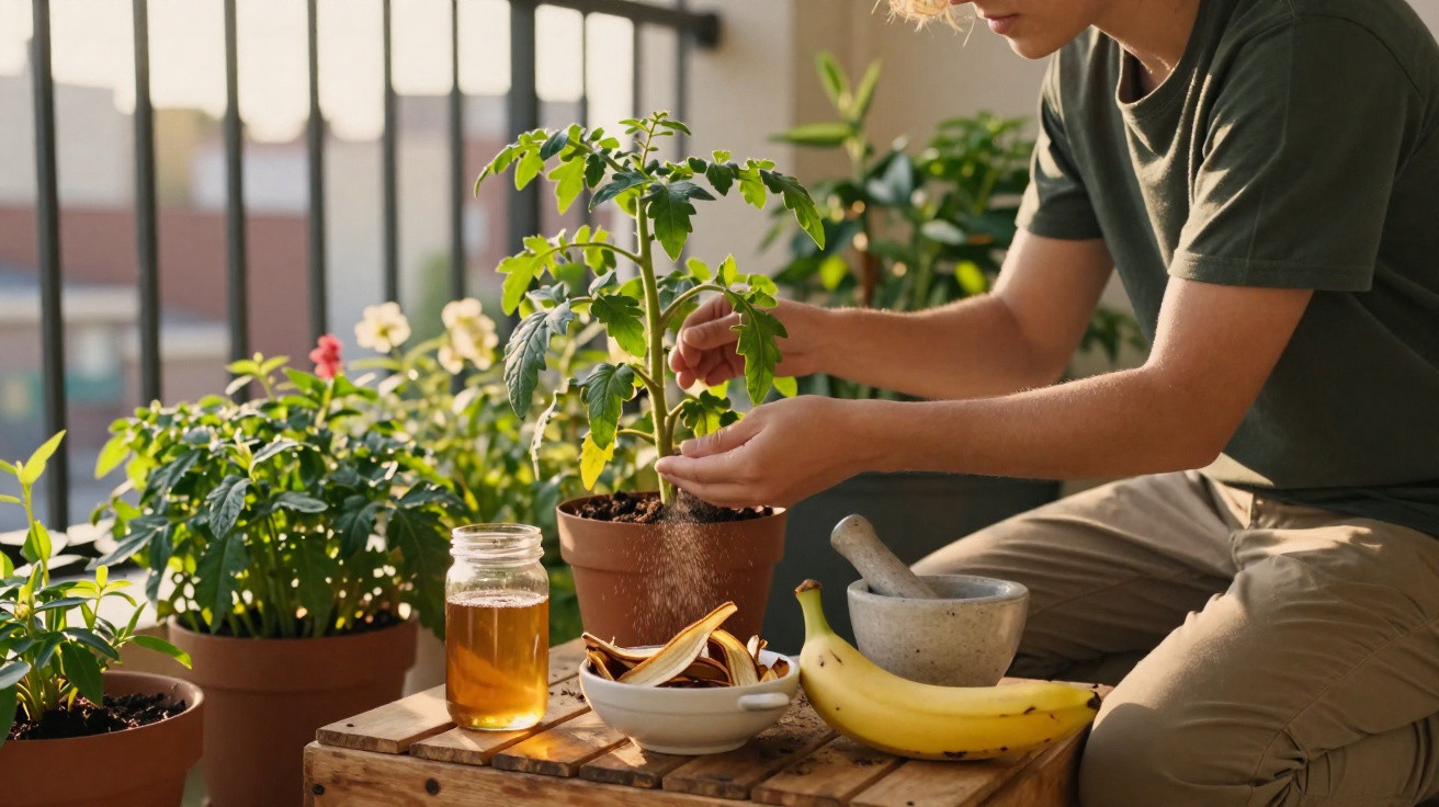 Pessoa cuidando de planta em vaso, com frutas e pote de mel sobre mesa de madeira.
