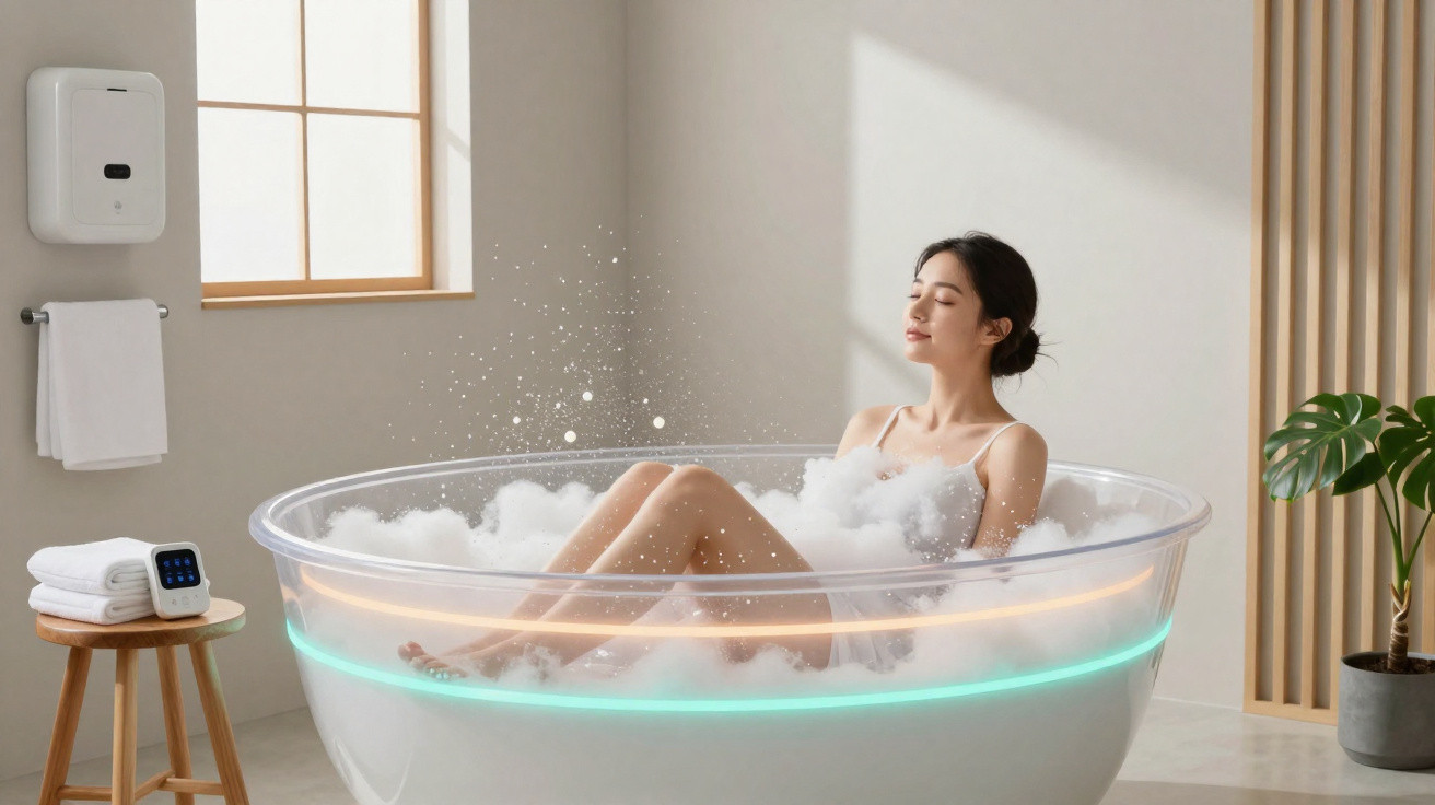 Mulher relaxando em banheira redonda com espuma, luzes coloridas e banheiro moderno iluminado.