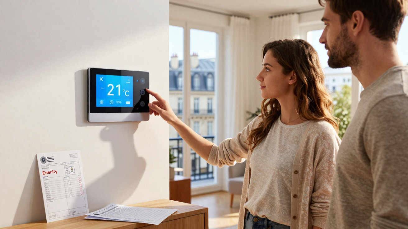 Casal ajustando termostato digital em ambiente interno com fatura de energia sobre móvel.