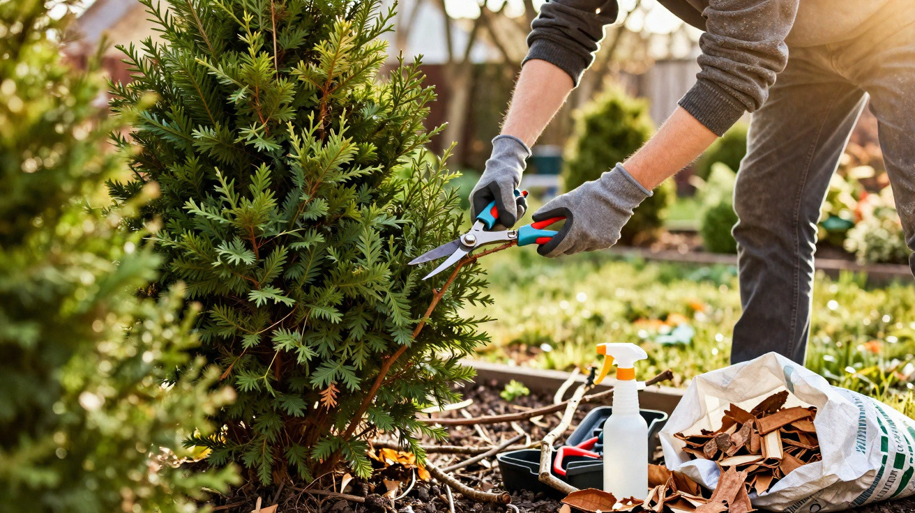Pessoa podando arbusto com tesoura de jardinagem em jardim ensolarado, usando luvas e roupas casuais.