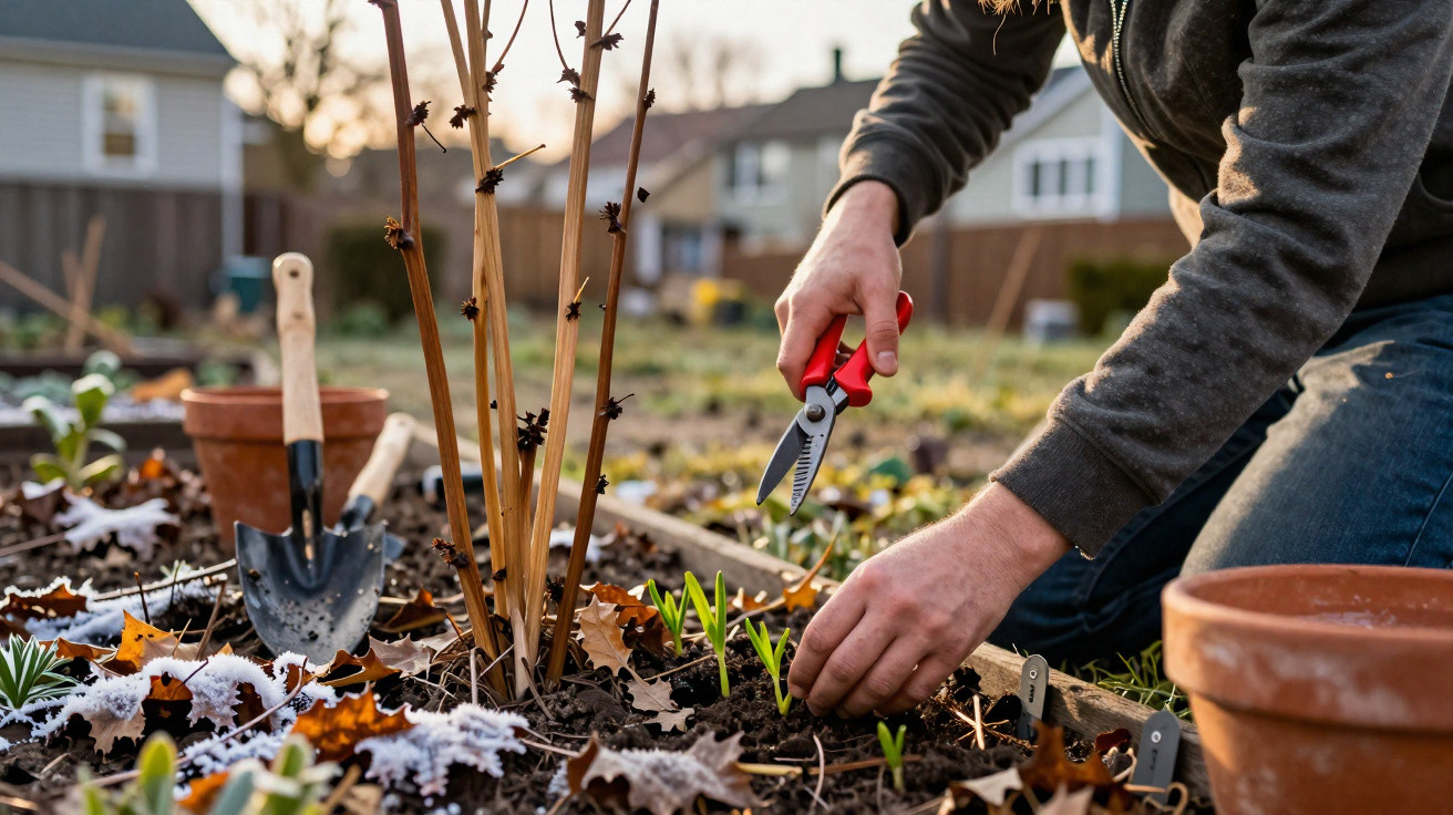 Pessoa usando tesoura de poda cuidando de plantas em canteiro com folhas secas ao redor em jardim residencial.